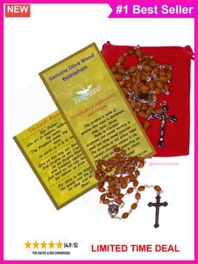 Olive Wood Rosary Necklace Soil from Bethlehem Silver Plated Cross Velvet Bag